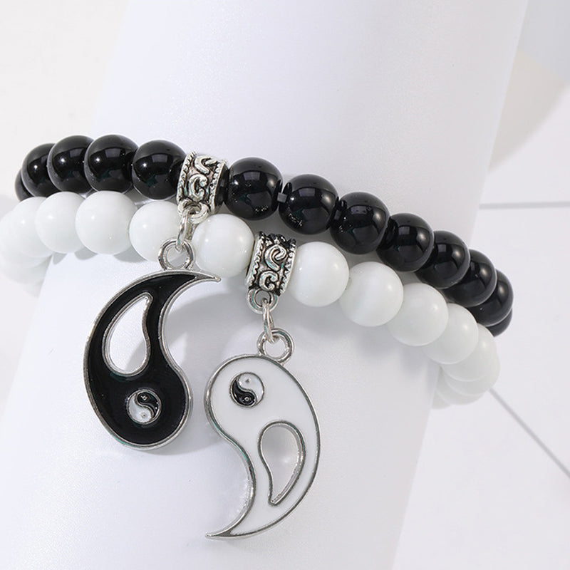 Buddha Stones 2-teiliges schwarzes Onyx- Weiß Türkis-Perlen-Yin-Yang-Schutz-Paar-Armband