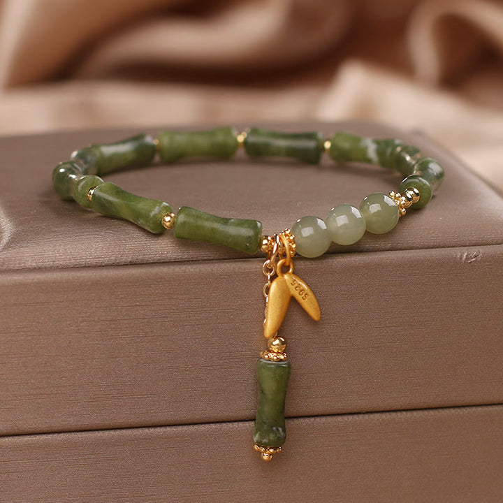 Buddha Stones, grünes Bambus-Jade-Blatt-Muster, Reichtum, Glück, Armband