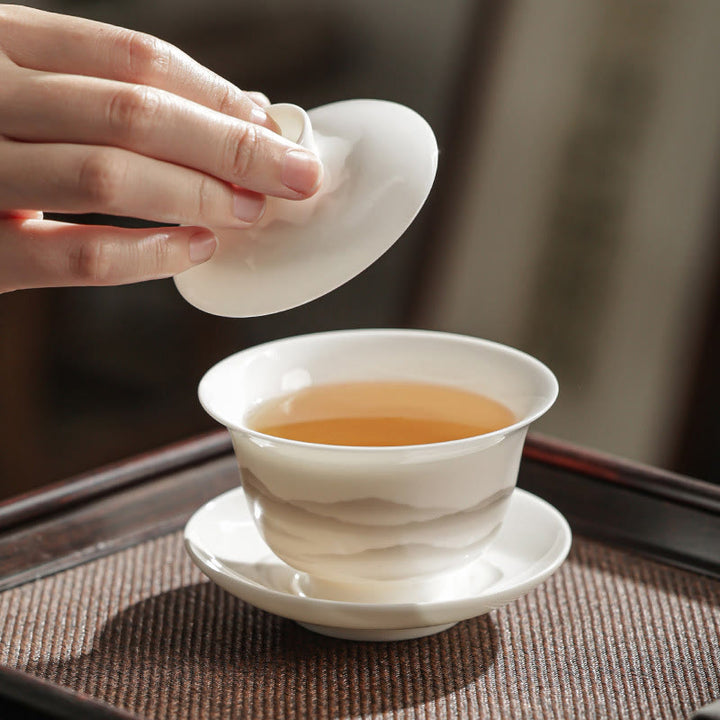 Buddha Stones, Vintage-Tuschemalerei, Berg , Weiß Porzellan, Keramik, Gaiwan, Sancai, Teetasse, Kung-Fu-Teetasse und Untertasse mit Deckel, Teeutensilien-Teekanne
