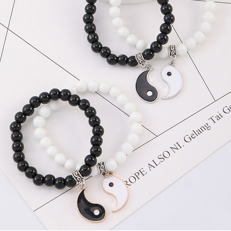 Buddha Stones 2-teiliges schwarzes Onyx- Weiß Türkis-Perlen-Yin-Yang-Schutz-Paar-Armband