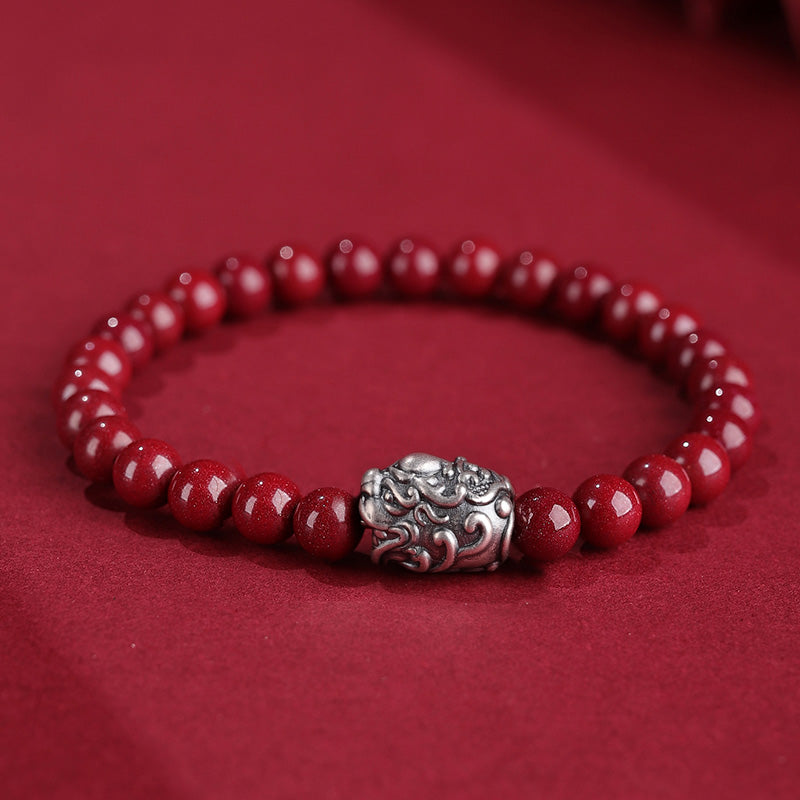 Buddha Stones 999 Sterling Silber PiXiu Natural Cinnabar Wealth Luck Armband