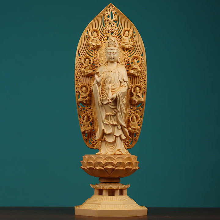 Buddha Stones, handgefertigt, Kwan Yin, Avalokitesvara, Tathagata, Mahasthamaprapta, Bodhisattva-Statue, Buchsbaum, Fülle, Dekoration