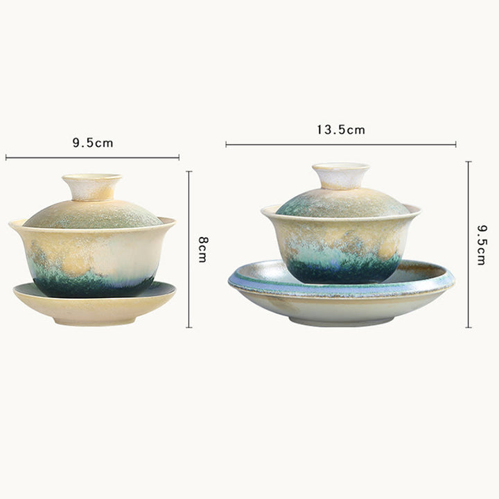 Buddha Stones Green Ocean Waves Design Porzellan Keramik Gaiwan Sancai Teetasse Kung Fu Teetasse und Untertasse mit Deckel