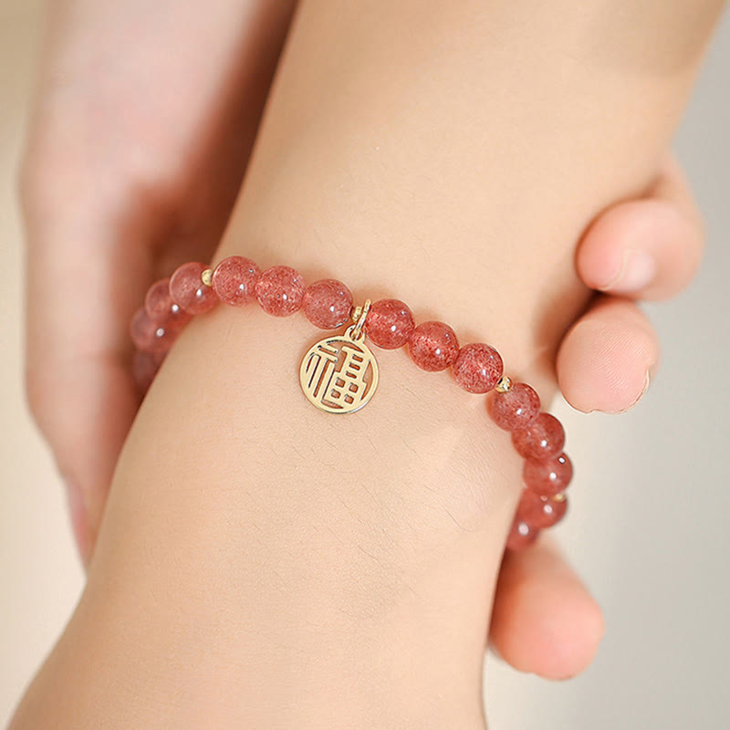 Buddha Stones 14K vergoldetes Erdbeerquarz-Fu-Charakter-Heilungs-Charm-Armband