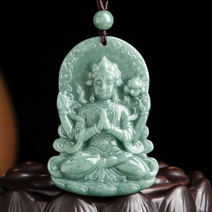 Vierarmige Avalokitesvara-Amulett-Segen-Halskette aus natürlicher Jade