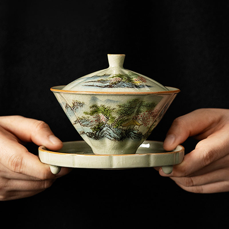 Buddha Stones Kiefer Berg Wald Landschaft Keramik Gaiwan Sancai Teetasse Kung Fu Teetasse und Untertasse mit Deckel