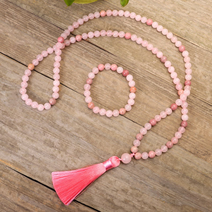 108 Mala-Perlen, rosa Kristall-Liebesquasten-Armband