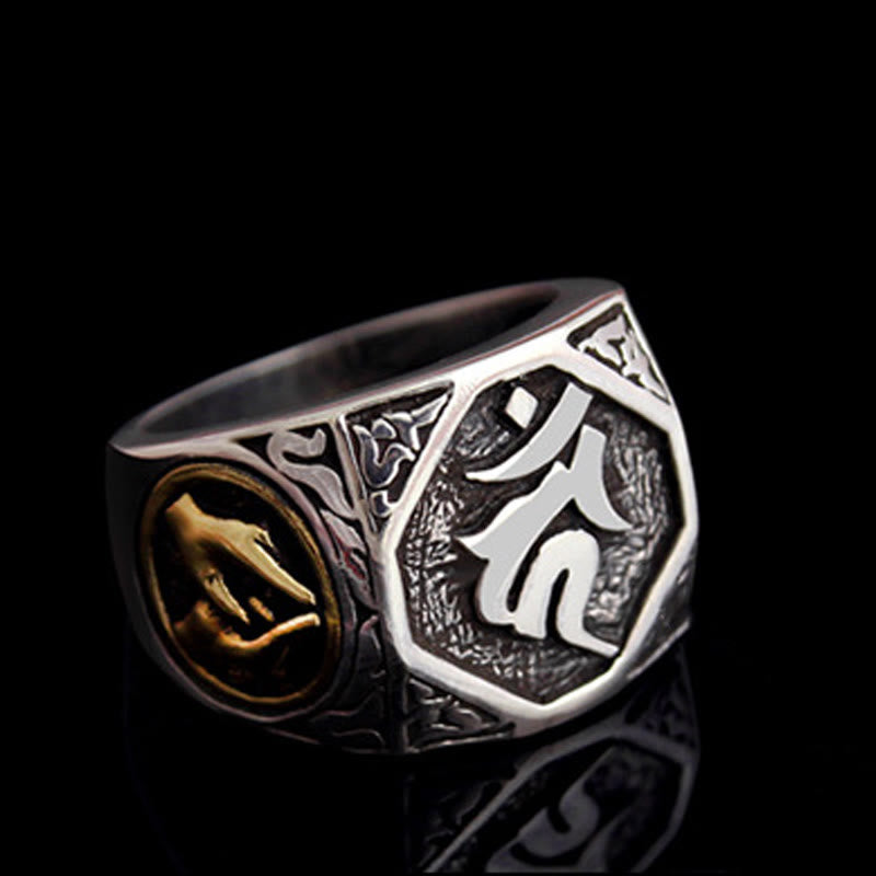 Verstellbarer Ring aus 925er-Sterlingsilber mit Buddha Stonesn, Sanskrit-Design, geschnitzter Schutz