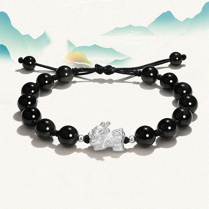 Buddha Stones natürliches schwarzes Obsidian-Katzenauge-Rosa-Kristall-PiXiu-Stärke-Armband