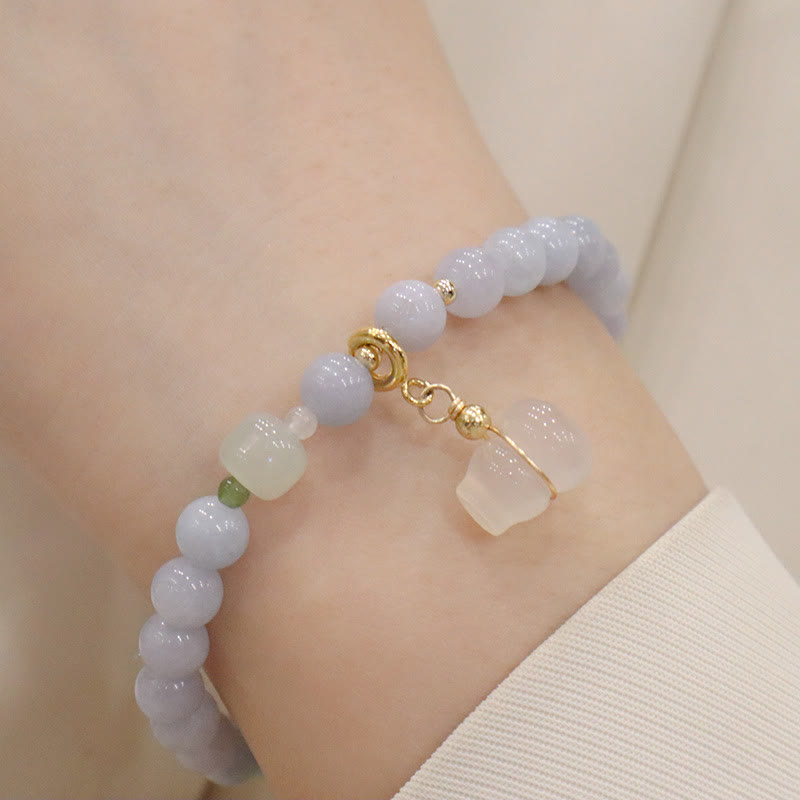 Buddha Stones Natürliches Aquamarin-Chalcedon-Charm-Armband „Serenity Rabbit Gourd Cat“.