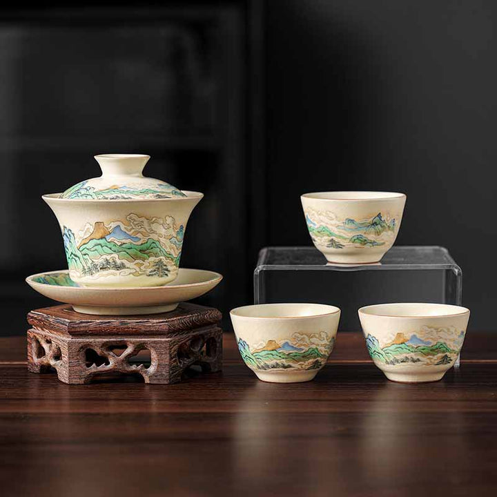 Buddha Stones Ein Panorama von Flüssen und Bergen Blumen Keramik Gaiwan Sancai Teetasse Kung Fu Teetasse und Untertasse mit Deckel