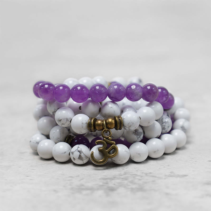 108 Mala-Perlen, Amethyst, Weiß, Türkis, OM-Heilmeditation, Energiearmband