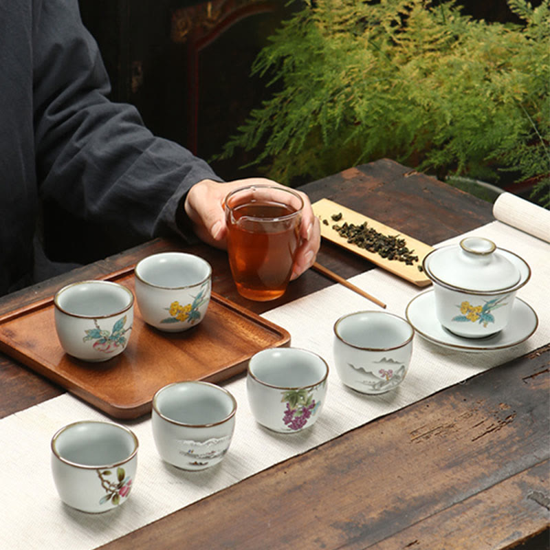 Buddha Stones, Wollmispel, Litschi, Schneelandschaft, Landschaft, Traube, Apfel, Keramik-Teetasse, Kung-Fu-Teetasse