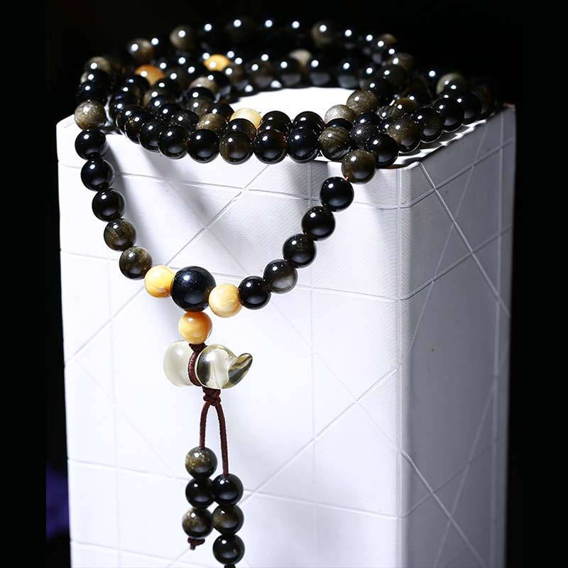 Natürliches Eis-Obsidian-Tigerauge-Kürbis-Armband Mala