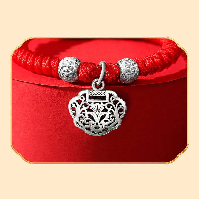 Buddha Stones 925 Sterling Silber Chinesisches Schloss Charm Mehrfarbig Rot Schnurschutz Handgefertigtes geflochtenes Kinderarmband