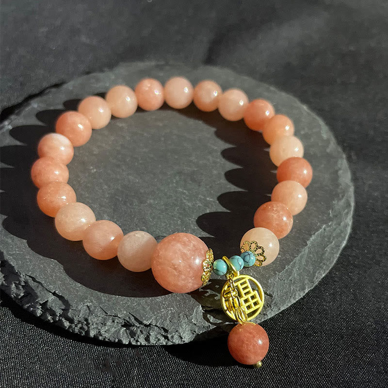 Armband mit Buddha Stonesn, natürlichem orangefarbenem Stein, Türkis, Fu-Charakter, Glücksbringer