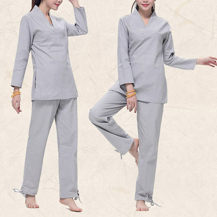 Buddha Stones Zen Praxis Yoga Meditation Gebet V-Ausschnitt Design Uniform Baumwolle Leinen Kleidung Damen Set