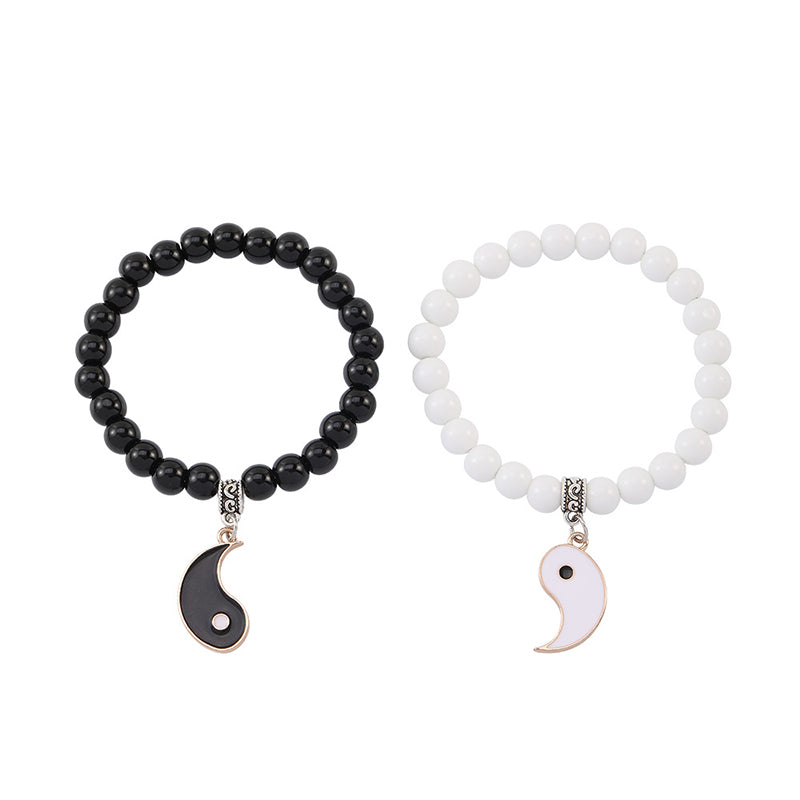 Buddha Stones 2-teiliges schwarzes Onyx- Weiß Türkis-Perlen-Yin-Yang-Schutz-Paar-Armband