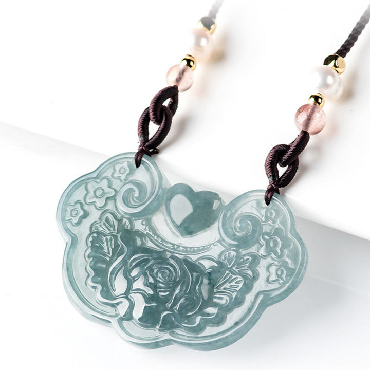 Buddha Stones Halskette mit Anhänger aus natürlicher Jade, Pfingstrose, Blumenschloss der guten Wünsche, Wohlstand