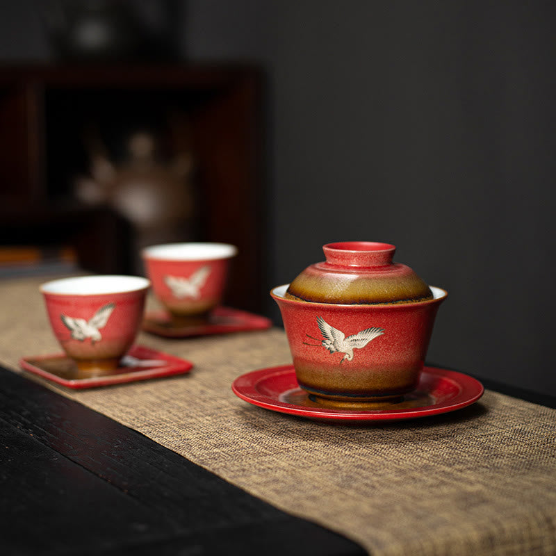 Buddha Stones, roter verheißungsvoller Kranich, Keramik, Gaiwan-Sancai-Teetasse, Kung-Fu-Teetasse und Untertasse mit Deckel