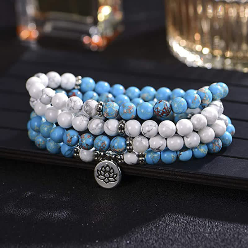 108 Mala-Perlen, Weiß türkisfarbenes Kaiserstein-Lotus-Segen-Armband