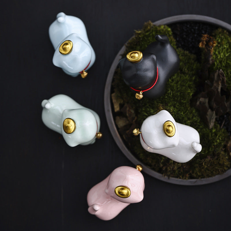 Buddha Stones Mini Lucky Cat Ingot Tea Pet Keramik Home Desk Figur Dekoration