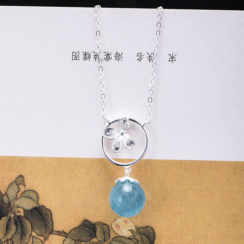 Buddha Stones 925 Sterling Silber natürliche Aquamarin Blatt Blume Frieden Ohrringe Halskette