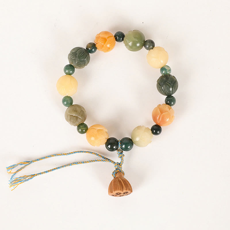 Buddha Stones Bodhi Seed Lotus Bead Graviertes Moosachat Peace Calm Armband