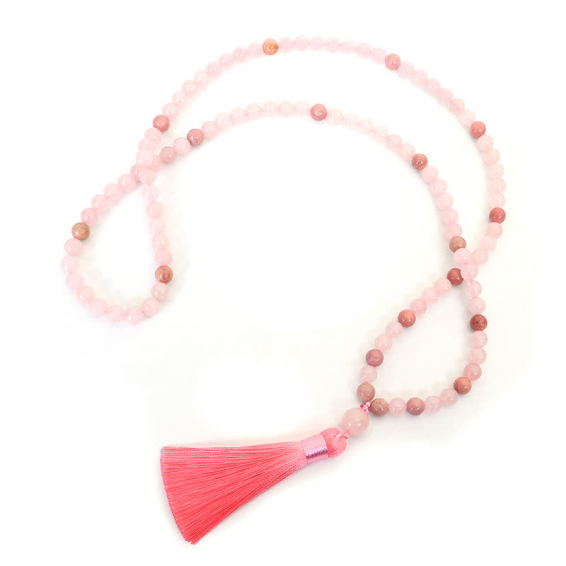 108 Mala-Perlen, rosa Kristall-Liebesquasten-Armband