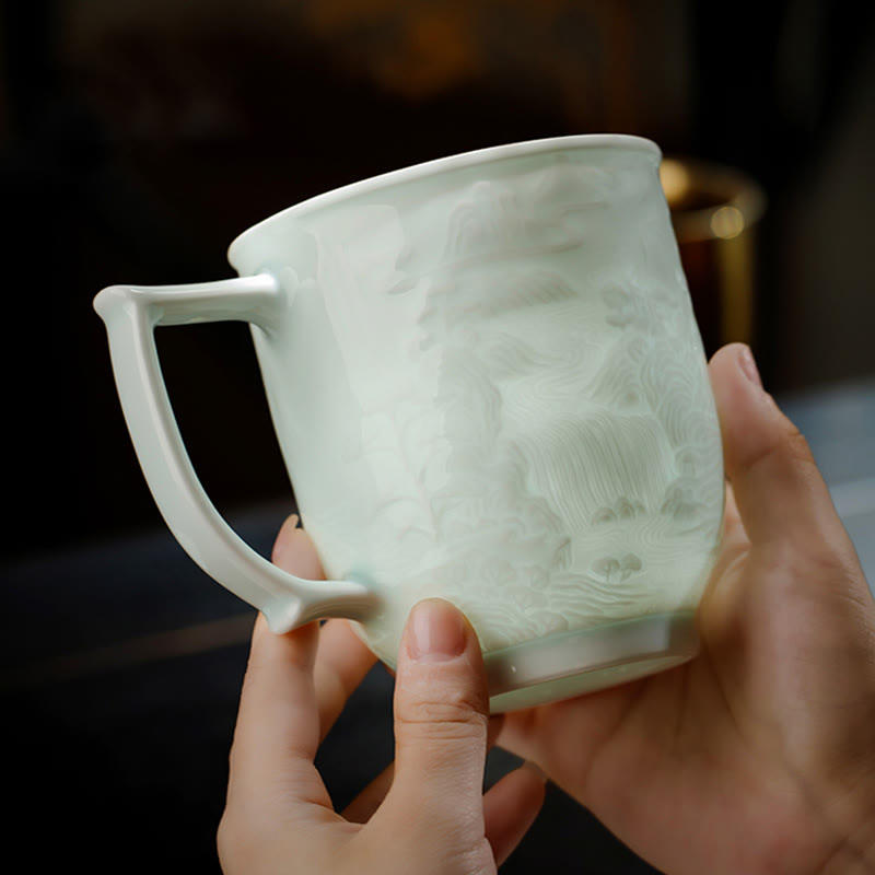 Buddha Stones, Jingdezhen, Weiß Porzellan, handgefertigt, große Mauer, Landschaft, gravierte Keramik-Teetasse, Bürobecher, Teetassen