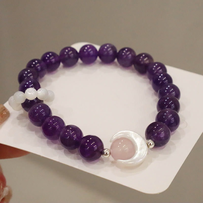 Buddha Stones Armband aus 925er-Sterlingsilber, natürlicher Amethyst, Aquamarin, rosa Kristall, Katzenauge, heilender Halbmond