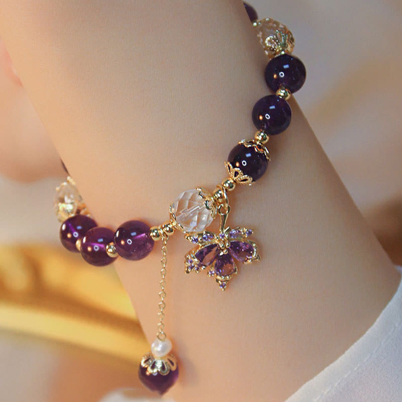 Buddha Stones 14 Karat vergoldetes natürliches Amethyst-Heilungs-Ahornblatt-Charm-Armband