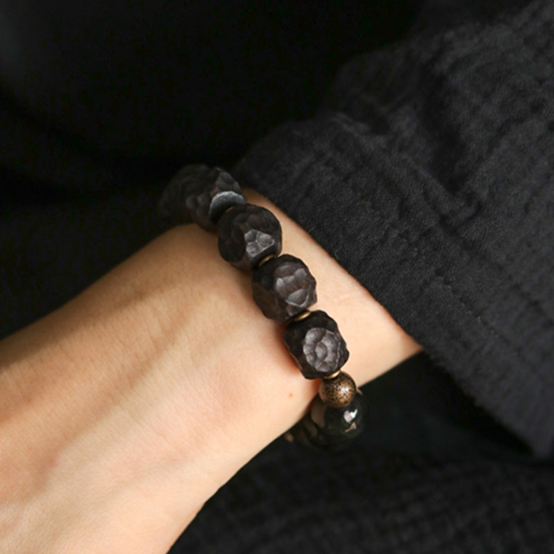 Buddha Stones Schwarzes Obsidian-Ebenholz-Kupfer-Stärke-Paar-Armband