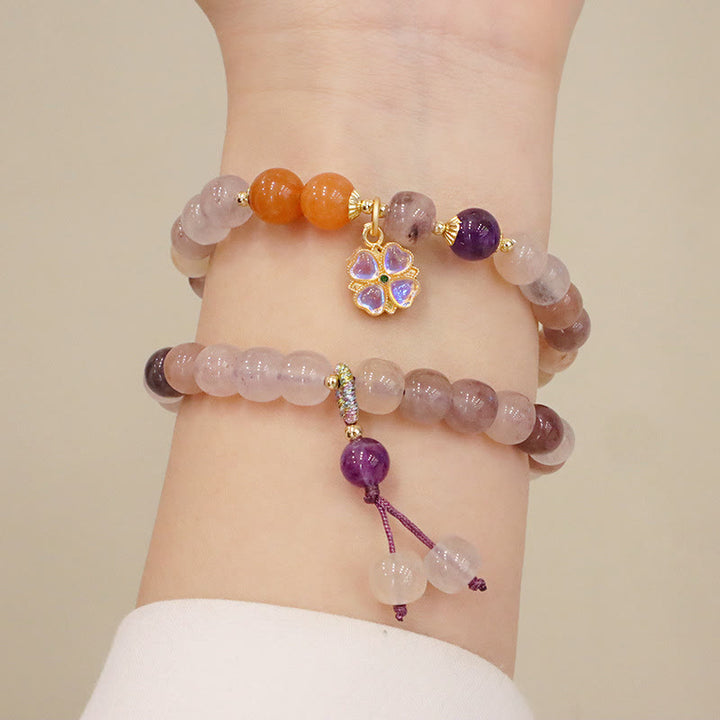 Buddha Stones natürliches lila goldenes Seidenjade-Violett-Blumenperlen-Charm-Reichtumsarmband