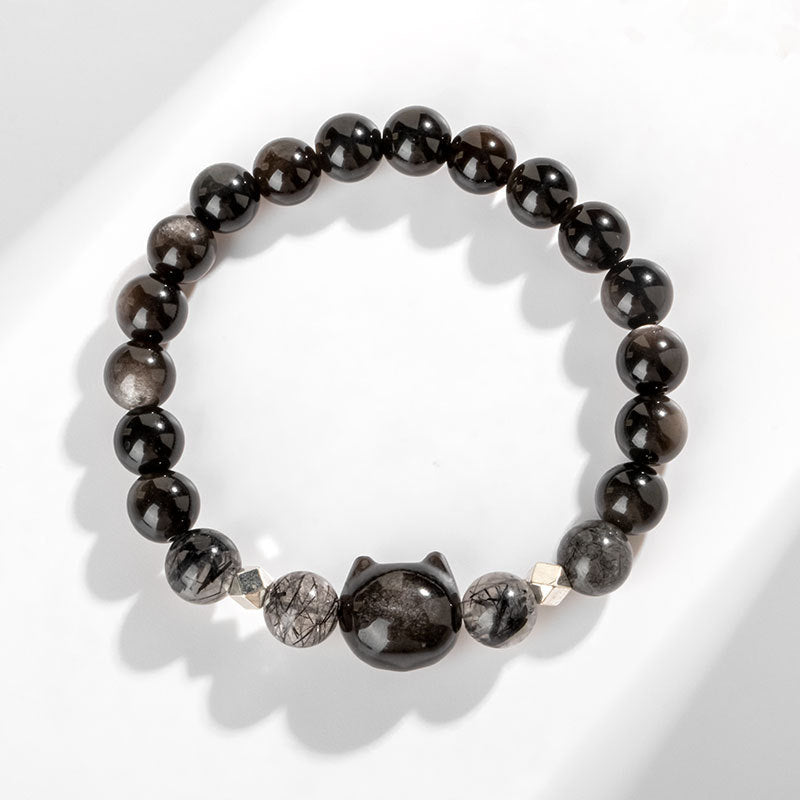 Buddha Stones Natürliches silberglänzendes Obsidian-Armband zum Schutz des niedlichen Katzenkopfes