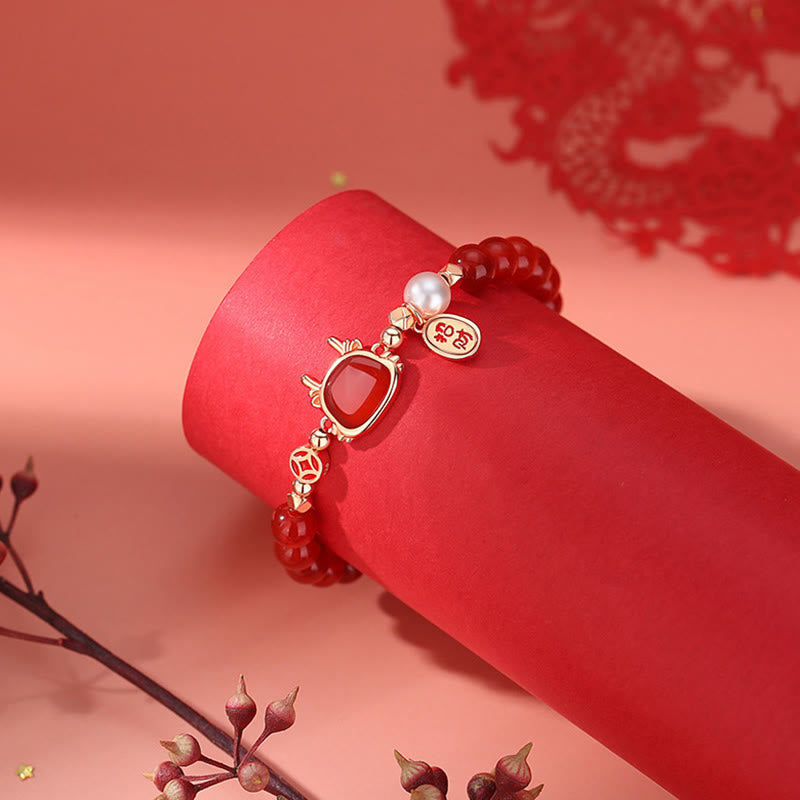 ❗❗❗Ein Blitzverkauf – Buddha Stones 925 Sterling Silber Jahr des Drachen Natürliches rotes Achat-Hetian-Jade-Armband zum Anziehen von Glück und Erfolg