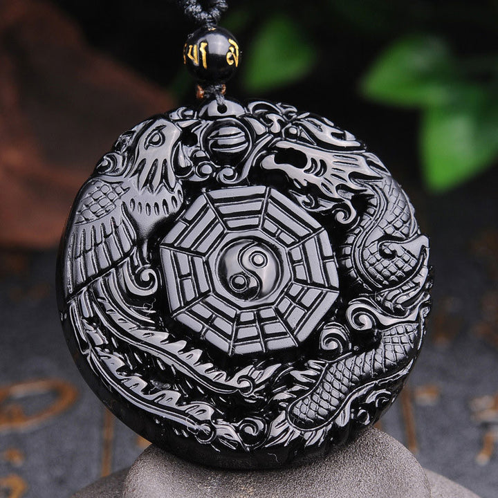 Buddha Stones Bagua Dragon Phoenix Obsidian Erfüllung Anhänger Halskette