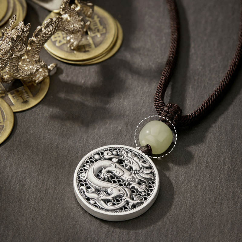 Buddha Stones 999 Sterling Silber Jahr des Drachen Fu Charakter Hetian Jade Success Halskette Anhänger