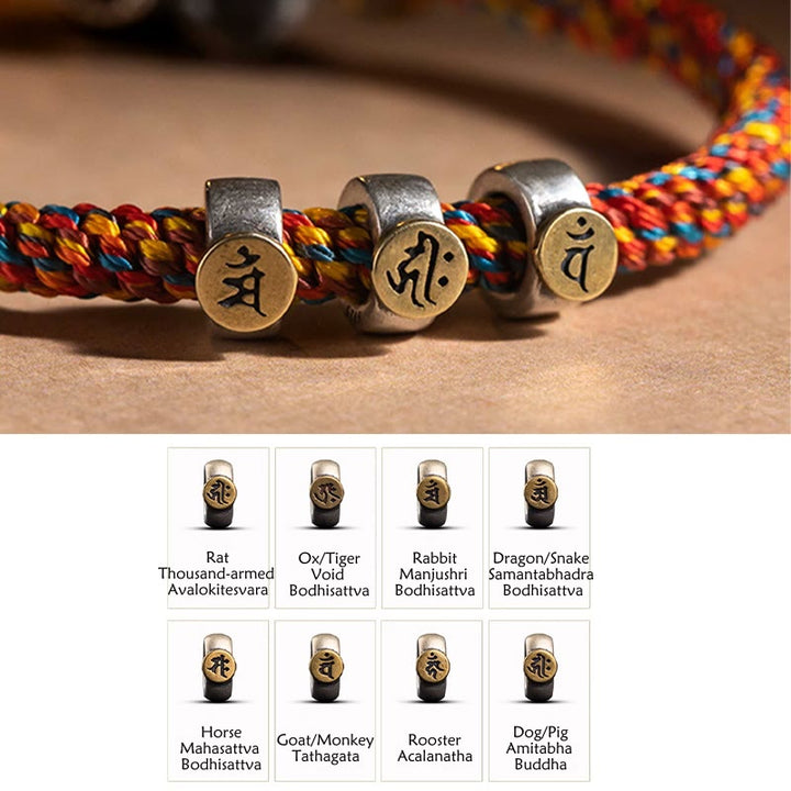 Buddha Stones Handgefertigtes tibetisches Armband aus 925er Sterlingsilber mit chinesischem Sternzeichen Natal Buddha Zakiram, Göttin des Reichtums, Schutz, mehrfarbiges, geflochtenes Seil