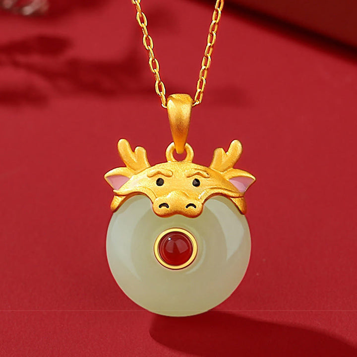 ❗❗❗Ein Blitzverkauf – Buddha Stones 925 Sterling Silber Hetian Jade Chinesisches Sternzeichen Jahr des Drachen Roter Achat Glücksschutz Halskettenanhänger