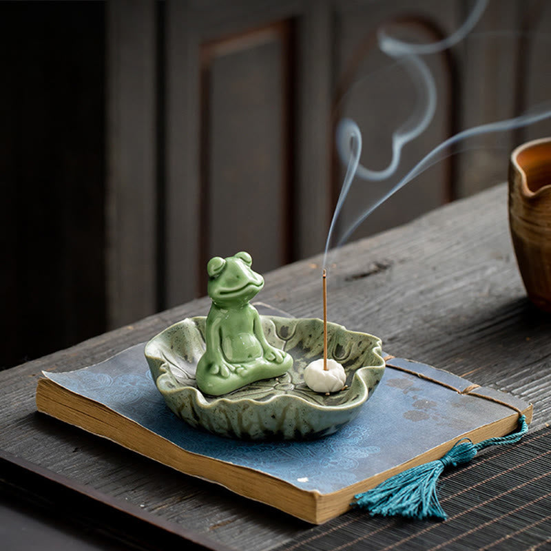 Buddha Stones, Blatt-Meditation, Frosch-Muster, heilende Keramik-Räuchergefäß-Dekoration