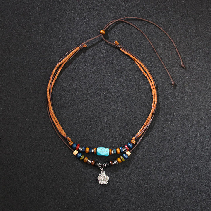 Buddha Stones Türkis Kleine Blume Schutz Doppelschicht Halskette Anhänger Armband
