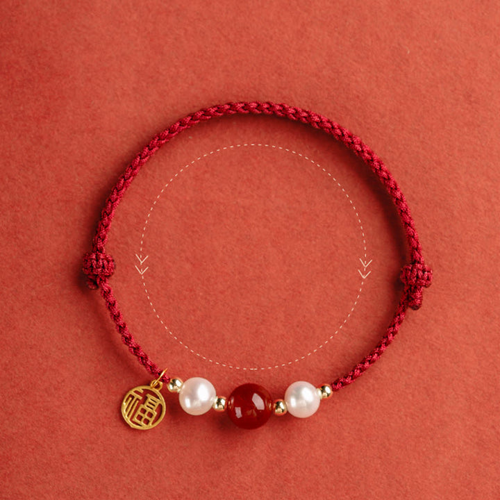 Armband mit Buddha Stonesn, 925er-Sterlingsilber, Glücksbringer, Fu-Charakter, Achat, Perle, rote Schnur