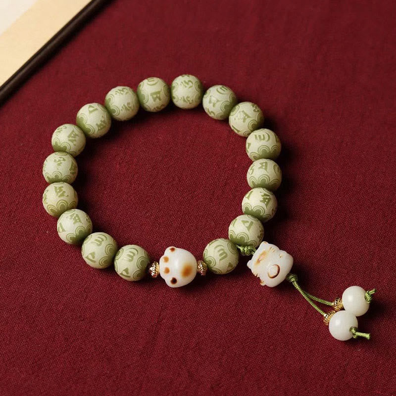Buddha Stones, grüner Bodhi-Samen, Katzenpfote, Om Mani Padme Hum, graviertes Weisheitsarmband