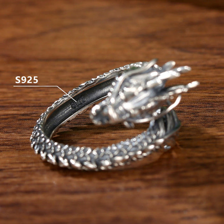 Buddha Stones 925 Sterling Silber Vintage Drachen Erfolg Schutz Stärke verstellbarer Ring