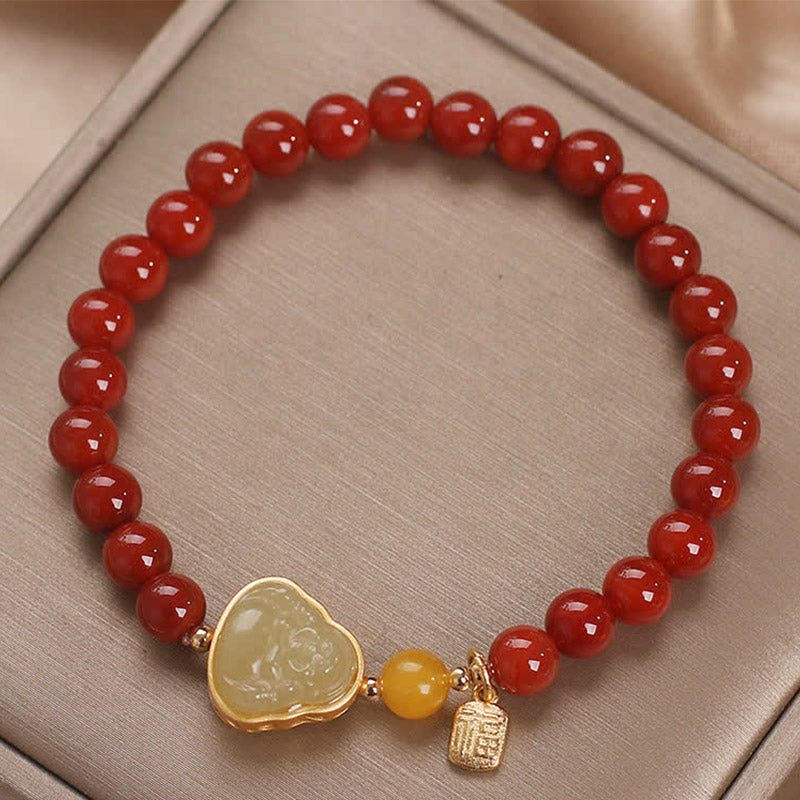 Buddha Stones Lachendes Buddha-Armband aus rotem Achat und Jade