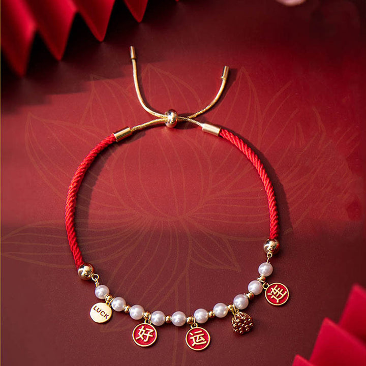 Buddha Stones Glücksperlen-Lotus-Charm-Armband aus geflochtenem rotem Seil