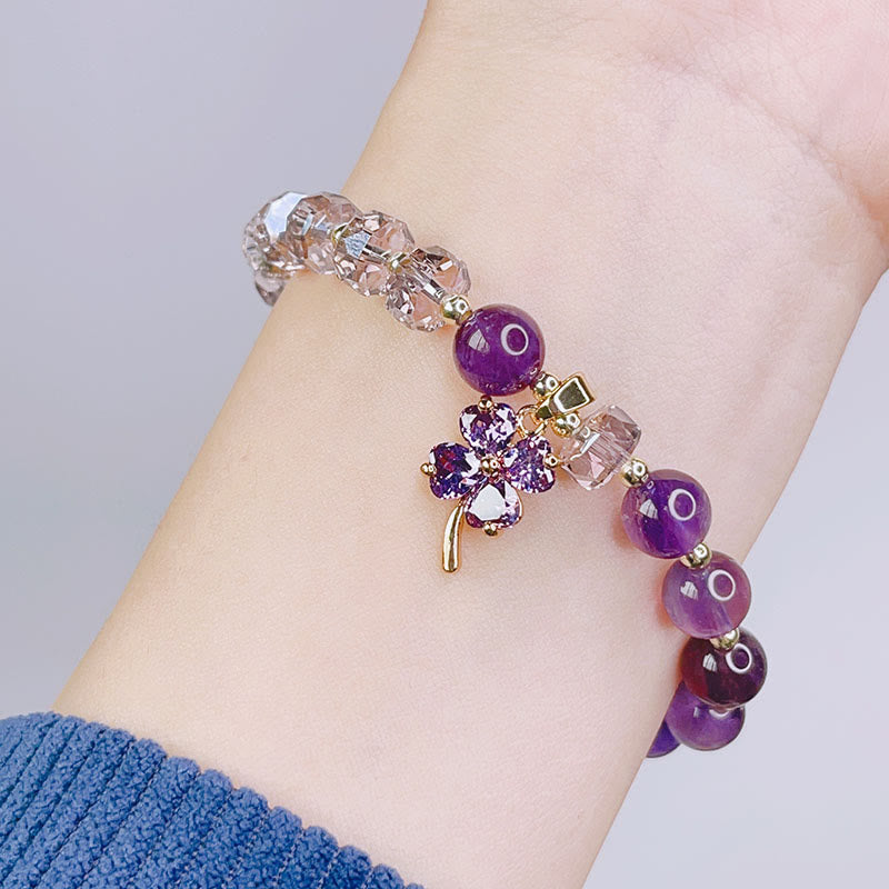 Buddha Stones Amethyst-Kristall, vierblättriges Kleeblatt, heilendes Charm-Armband