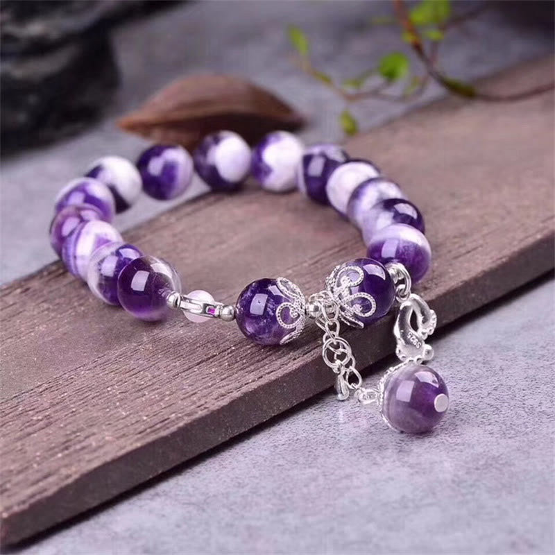 Buddha Stones Armband mit Anhänger aus 925er-Sterlingsilber, natürlicher Amethyst, heilende Füße, Liebesherz