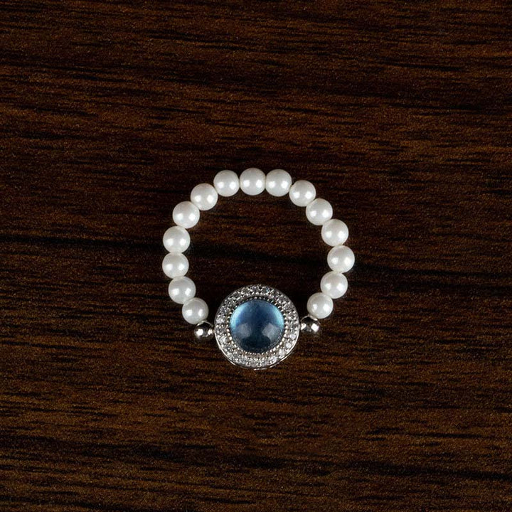 Buddha Stones 925 Sterling Silber Perle Blauer Chalcedon Heilkette Armband Ring